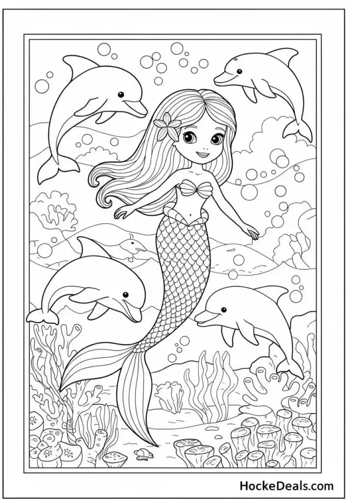 Cute mermaid swimming with dolphins