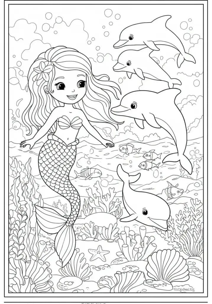 Cute mermaid swimming with dolphins