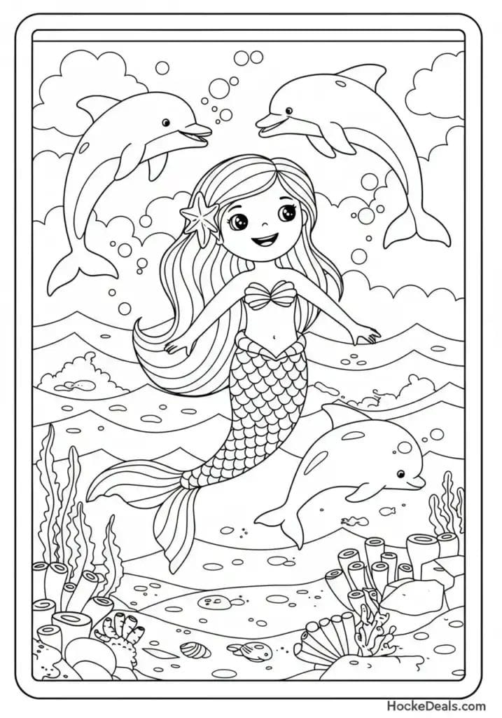 Cute mermaid swimming with dolphins