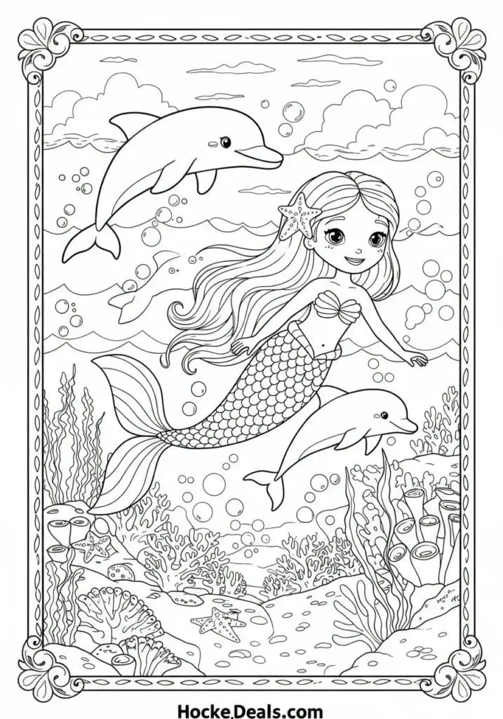 Cute mermaid swimming with dolphins