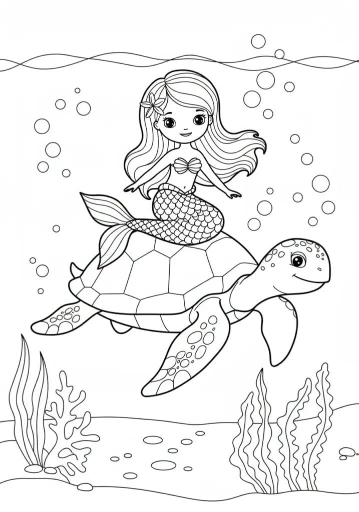 Mermaid riding a sea turtl
