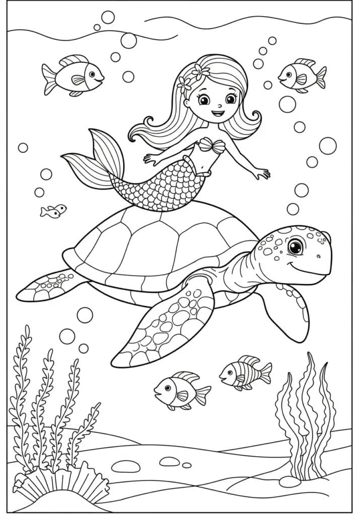 Mermaid riding a sea turtl