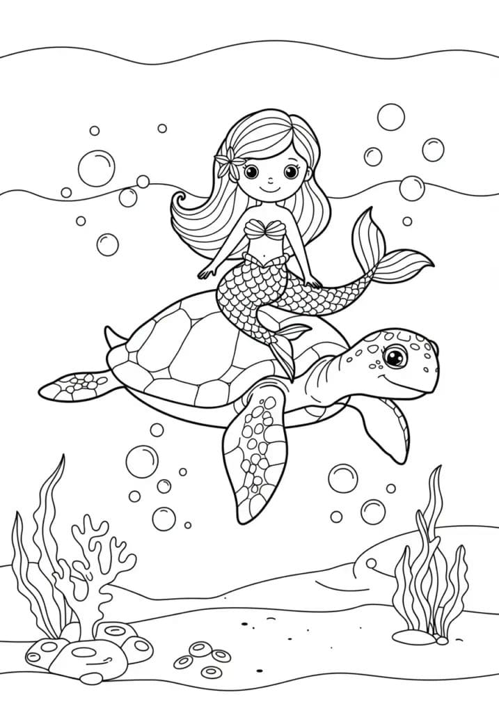 Mermaid riding a sea turtl