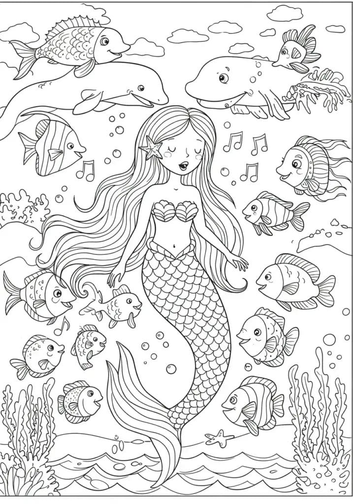 Mermaid singing, fish and sea creatures listening 1