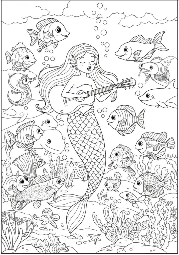 Mermaid singing, fish and sea creatures listening 2