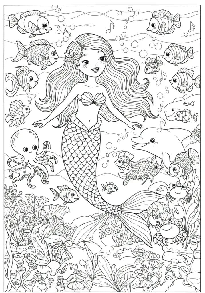 Mermaid singing, fish and sea creatures listening 4