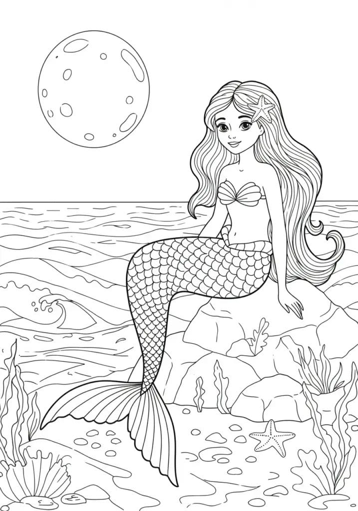 Mermaid sitting under the moonlight on a rock
