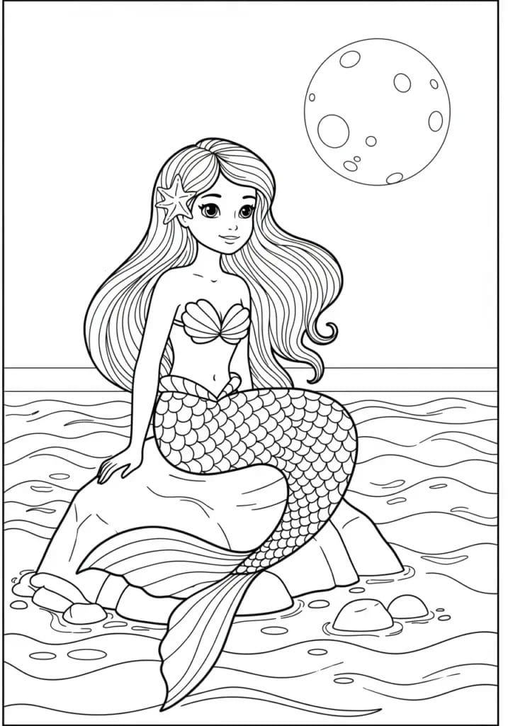 Mermaid sitting under the moonlight on a rock