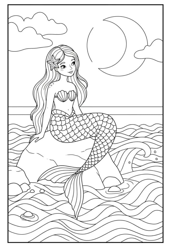 Mermaid sitting under the moonlight on a rock