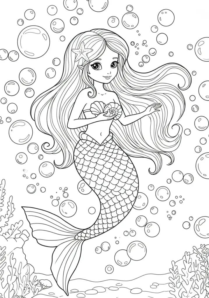 Mermaid with long flowing hair surrounded by bubbles 1