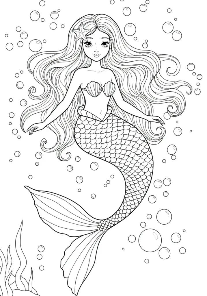 Mermaid with long flowing hair surrounded by bubbles 3