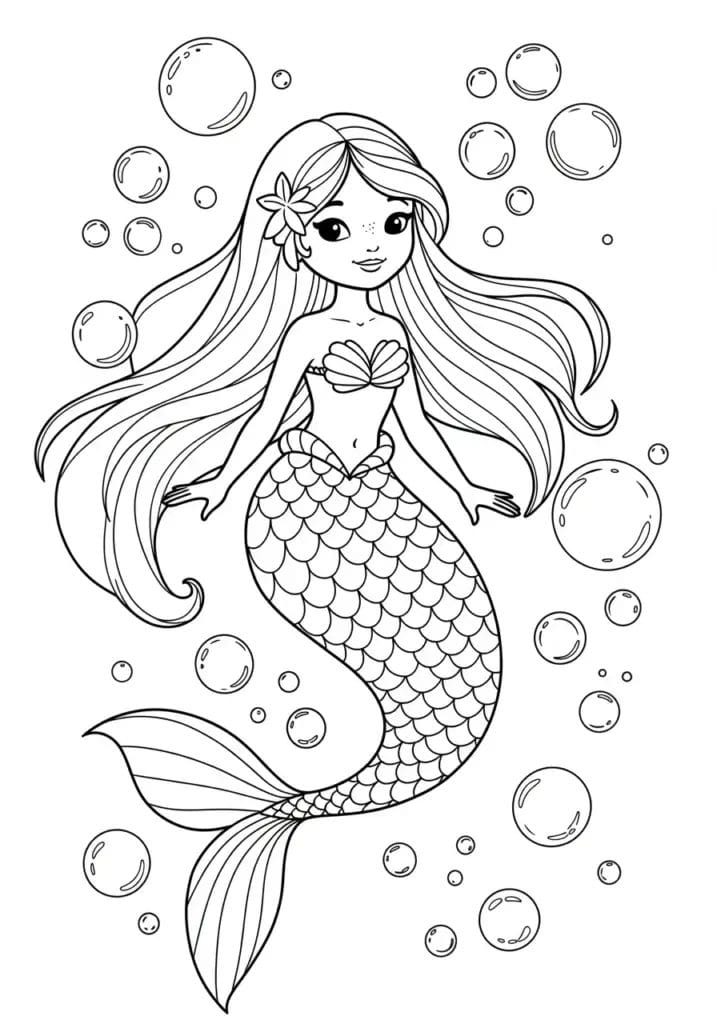 Mermaid with long flowing hair surrounded by bubbles 4